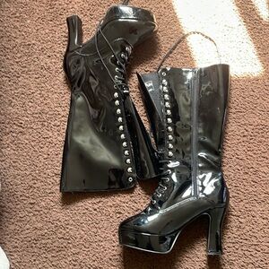 SXY heel faux latex wet zip strap boot
